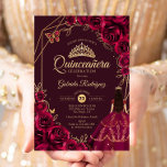 Quinceanera Burgundy Gold Dress Floral Invitation<br><div class="desc">Burgundy gold Quinceanera celebration invitation. Features brunette girl in ball gown dress,  script font,  gold butterflies,  watercolor roses and tiara. Perfect for an elegant princess style glam celebration. Personalize with your own details. Printed Zazzle invitations or instant download digital printable template.</div>