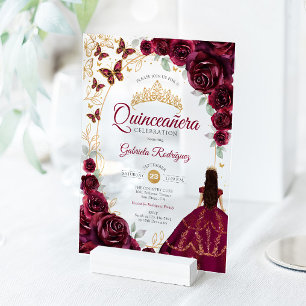 Quinceanera Burgundy Gold Floral Acrylic Invitations