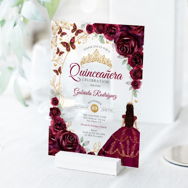Quinceanera Burgundy Gold Floral Acrylic Invitations (Creator Uploaded)