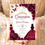 Quinceanera Burgundy Gold Floral Invitation<br><div class="desc">Burgundy,  gold and white Quinceanera celebration invitation. Features brunette girl in ball gown dress,  script font,  gold butterflies,  watercolor roses and tiara. Perfect for an elegant princess style glam celebration. Personalize with your own details. Printed Zazzle invitations or instant download digital printable template.</div>