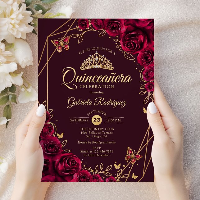 Quinceanera Burgundy Gold Floral Invitation (Creator Uploaded)