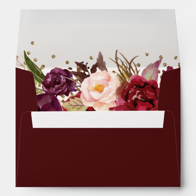 Quinceanera Burgundy Gold floral Sparkle Envelope (Back (Bottom))