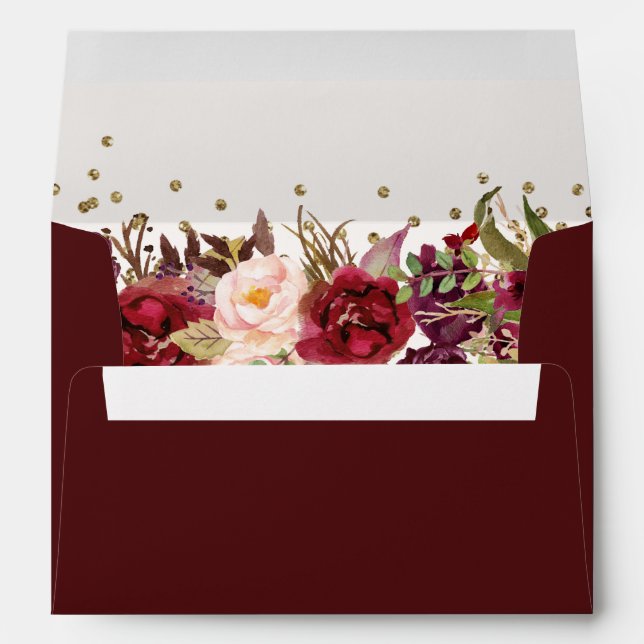 Quinceanera Burgundy Gold floral Sparkle Envelope (Back (Bottom))