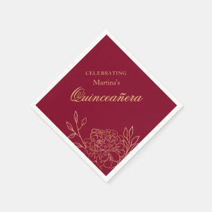 Quinceanera Burgundy Gold Flowers 15th Birthday Napkin
