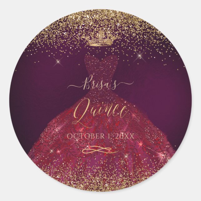 Quinceanera Burgundy Gold Glitter Princess Crown Classic Round Sticker (Front)