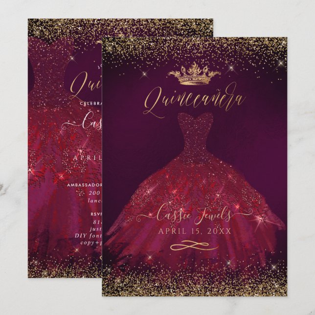 Quinceanera Burgundy Gold Glitter Princess Crown Invitation (Front/Back)