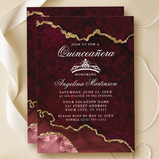 Quinceanera Burgundy Gold Marble Agate Geode Invitation (Customize to add text or photos to back of card.)