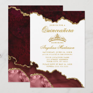 Quinceanera Burgundy Gold Marble Crown Invitation