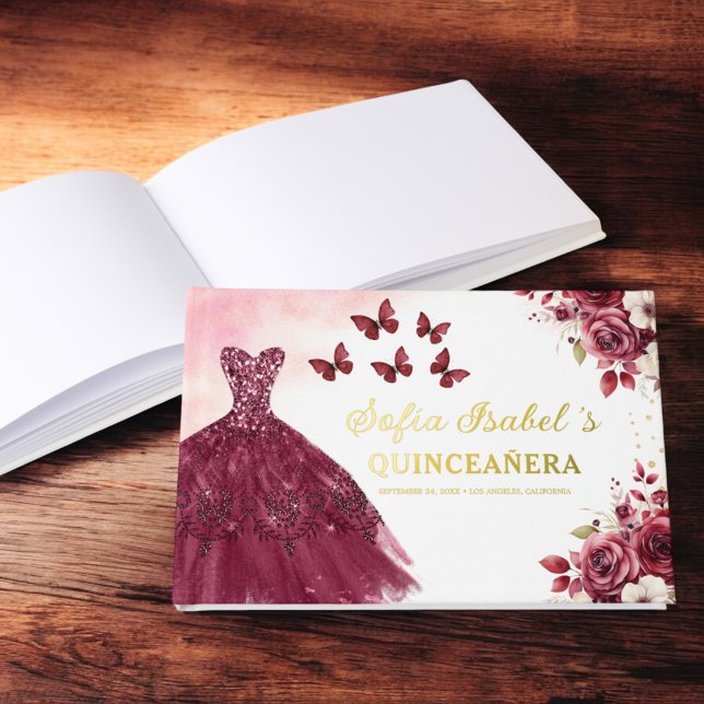 Quinceañera Burgundy Gold Princess Floral Guest Book (Creator Uploaded)
