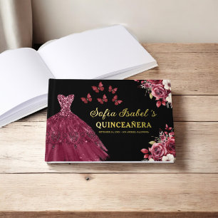 Quinceañera Burgundy Gold Princess Floral Guest Book