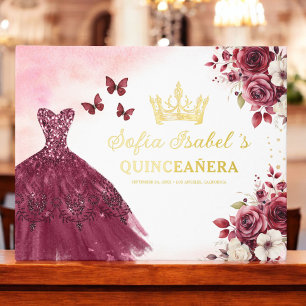 Quinceañera Burgundy Gold Princess Floral Guest Book