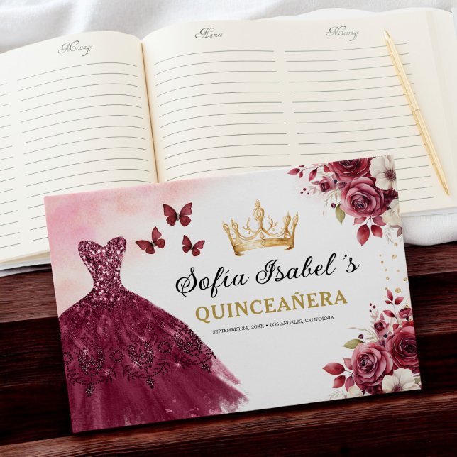 Quinceañera Burgundy Gold Princess Floral Guest Book (Creator Uploaded)