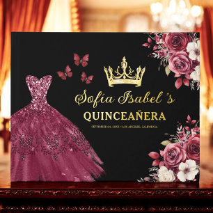 Quinceañera Burgundy Gold Princess Floral Guest Book