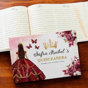 Quinceañera Burgundy Gold Princess Floral Guest Book