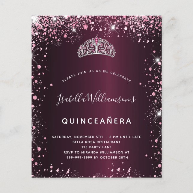 Quinceanera burgundy pink glitter tiara invitation (Front)