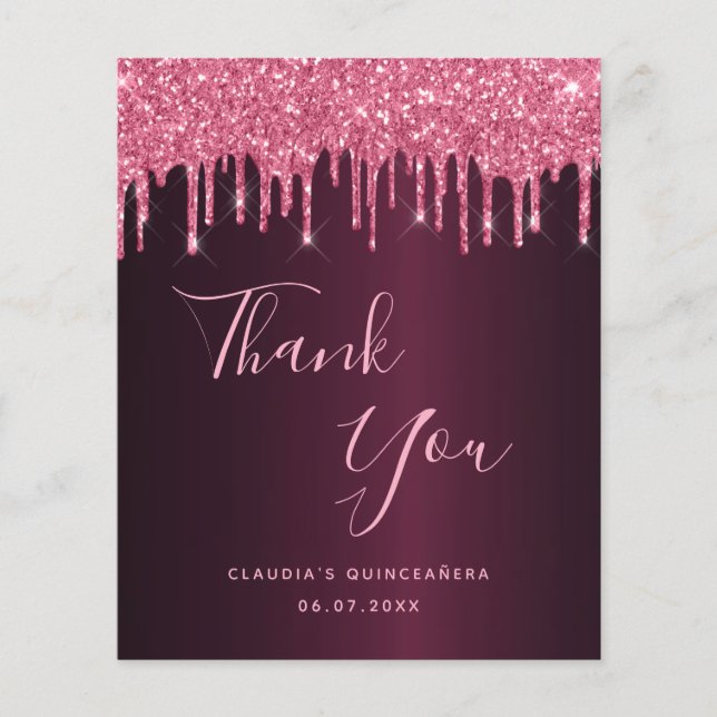 Quinceanera burgundy pink name thank you card (Front)