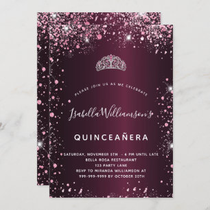Quinceanera burgundy pink tiara glitter invitation