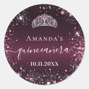 Quinceanera burgundy pink tiara name script classic round sticker