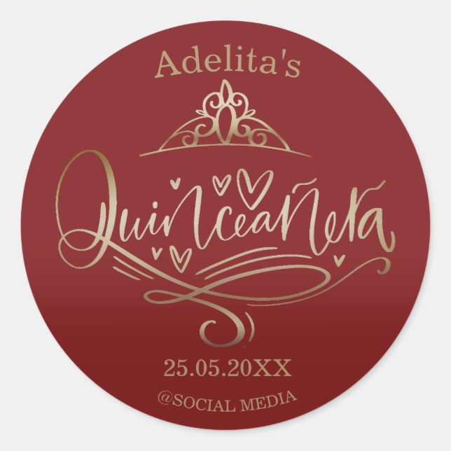 Quinceañera burgundy red 15th birthday classic round sticker (Front)