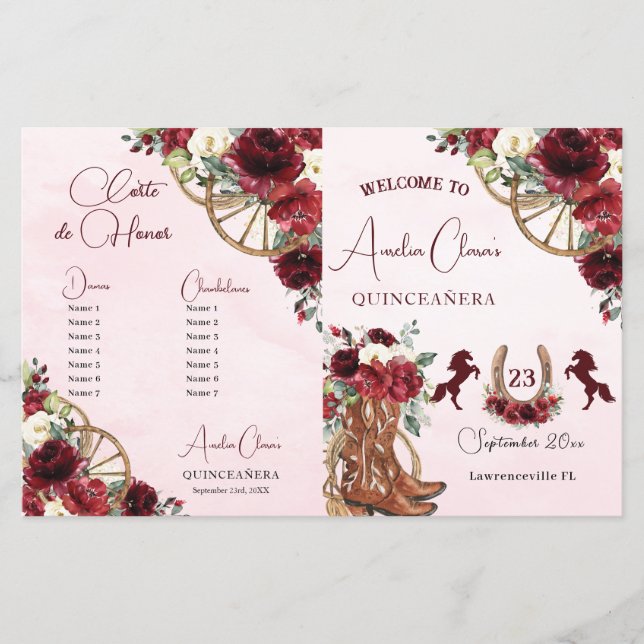 Quinceañera Burgundy Red Floral Charro Program (Front)