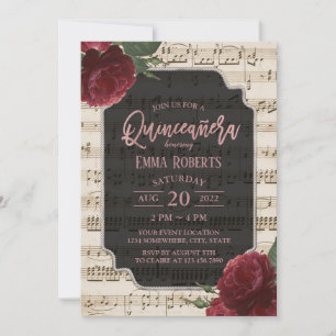 Quinceanera Burgundy Red Floral Music Birthday Invitation