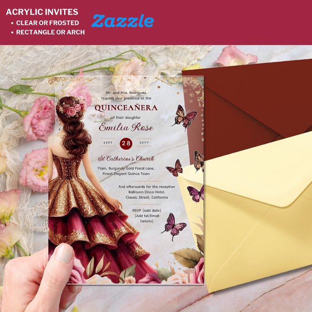 Quinceañera Burgundy Red Gold Dress Butterflies Acrylic Invitations (Creator Uploaded)
