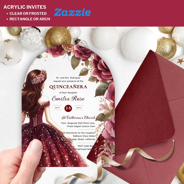 Quinceañera Burgundy Red Gold Quince Dress Flowers Acrylic Invitations (Creator Uploaded)