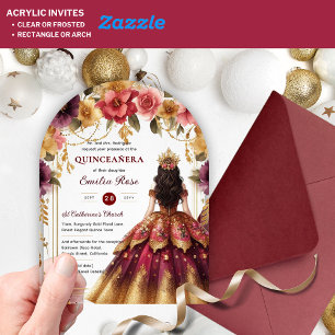 Quinceañera Burgundy Red Gold Quince Dress Flowers Acrylic Invitations