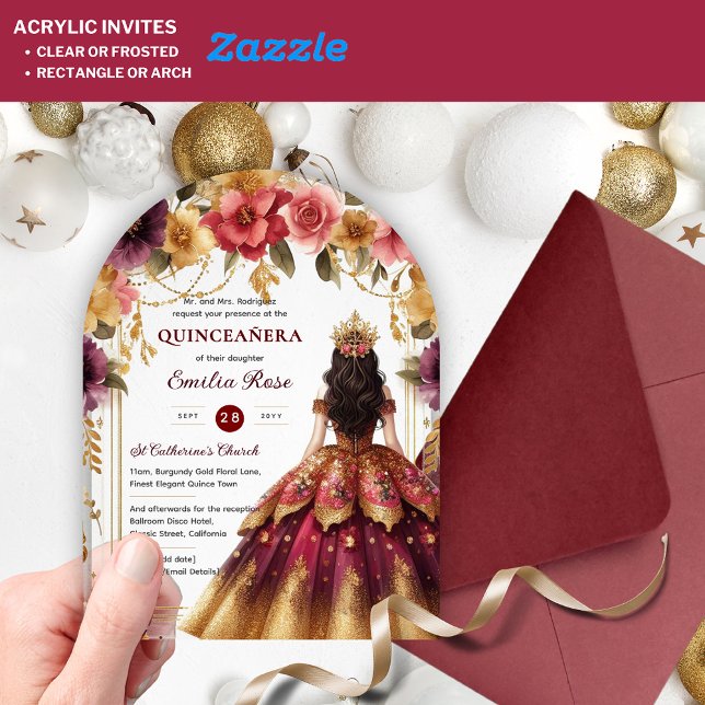 Quinceañera Burgundy Red Gold Quince Dress Flowers Acrylic Invitations (Creator Uploaded)