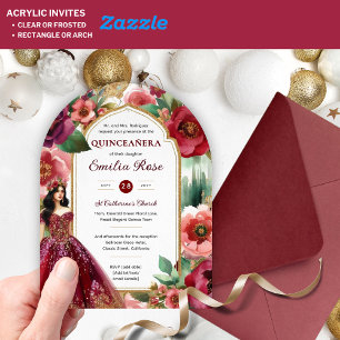 Quinceañera Burgundy Red Gold Quince Dress Flowers Acrylic Invitations