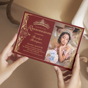 Quinceanera Burgundy Red Quinceanera with photo Invitation