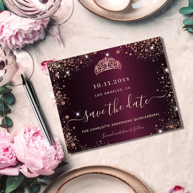 Quinceanera burgundy rose gold budget save date flyer (Creator Uploaded)