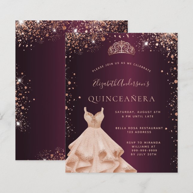 Quinceanera burgundy rose gold dress invitation (Front/Back)