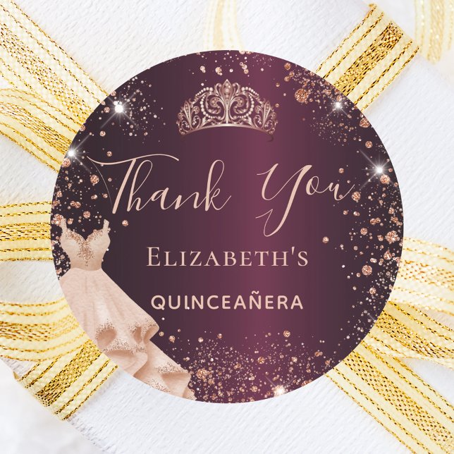 Quinceanera burgundy rose gold dress Thank You Classic Round Sticker (Creator Uploaded)