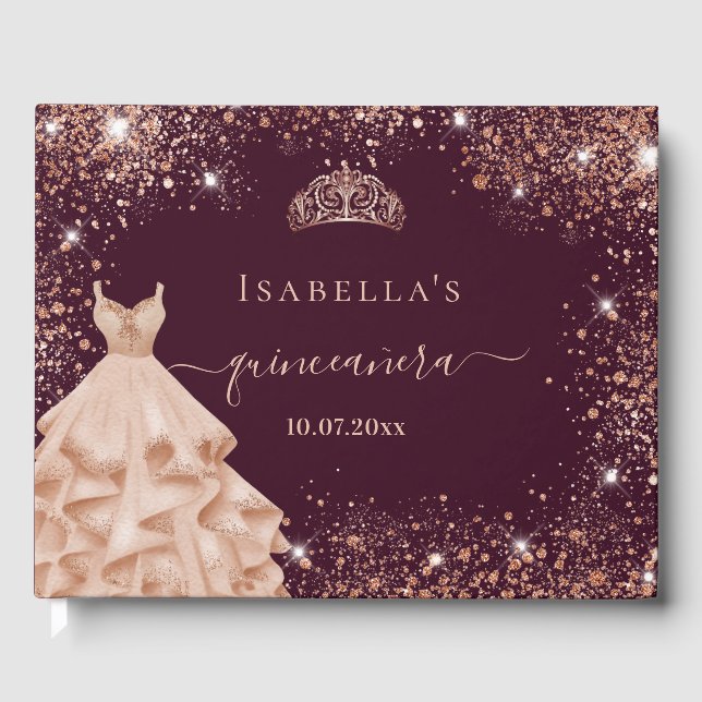 Quinceanera burgundy rose gold dress tiara name guest book (Front)