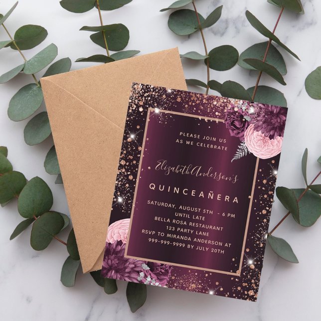 Quinceanera burgundy rose gold floral invitation (Creator Uploaded)