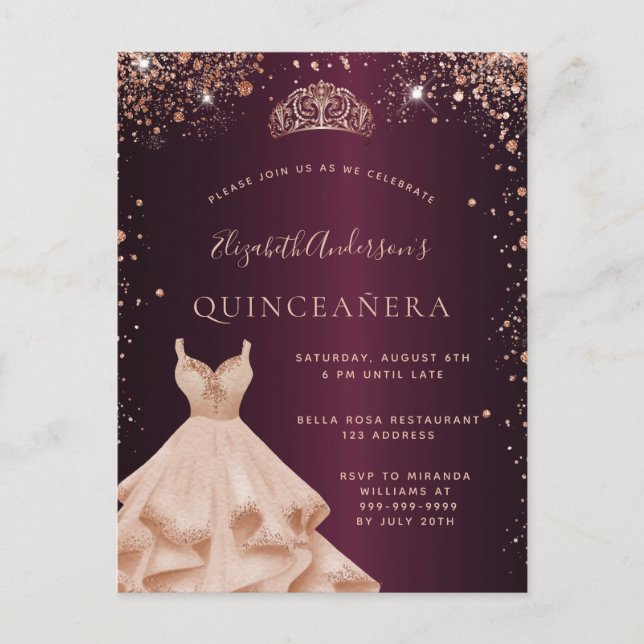 Quinceanera burgundy rose gold sparkles dress invitation postcard (Front)
