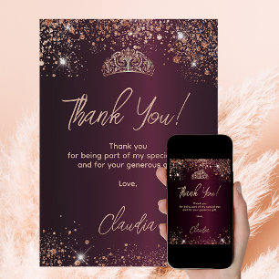 Quinceanera burgundy rose gold thank you card