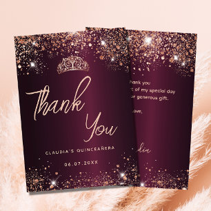Quinceanera burgundy rose gold thank you card