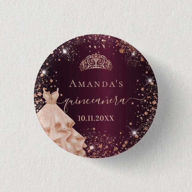 Quinceanera burgundy rose gold tiara dress name 3 cm round badge (Front)