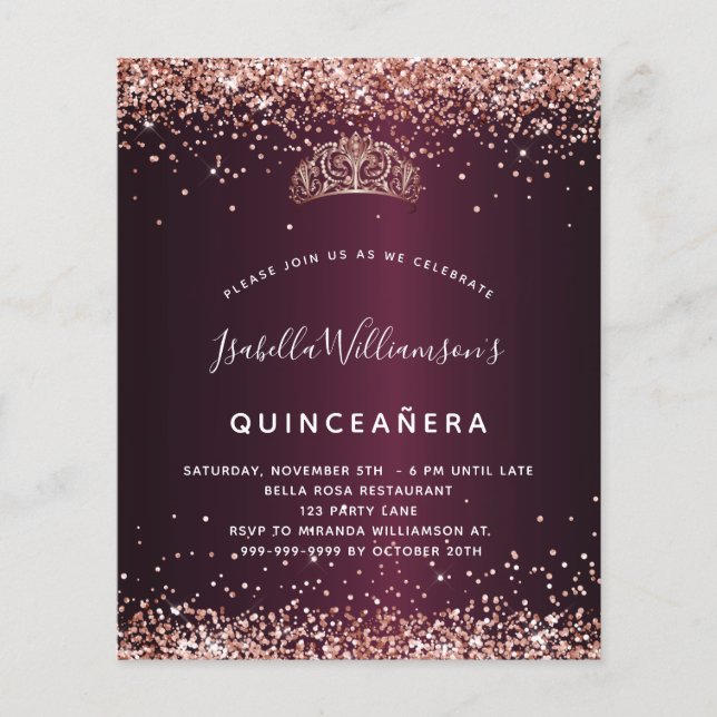 Quinceanera burgundy rose gold tiara invitation (Front)