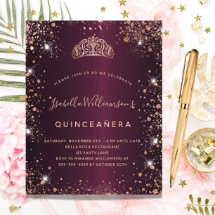 Quinceanera burgundy rose gold tiara invitation