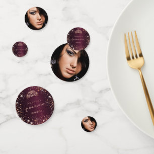 Quinceanera burgundy rose gold tiara name photo confetti
