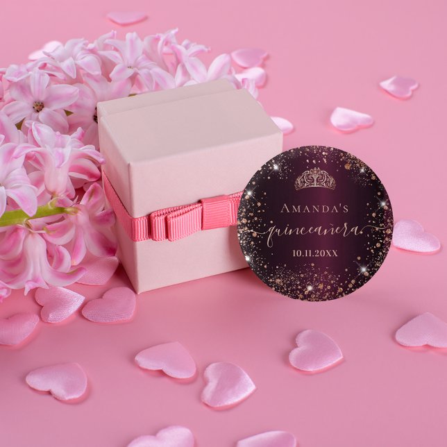 Quinceanera burgundy rose gold tiara name script 3 cm round badge (Creator Uploaded)