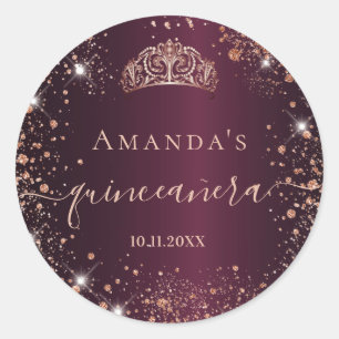 Quinceanera burgundy rose gold tiara name script classic round sticker