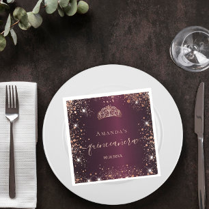 Quinceanera burgundy rose gold tiara name script napkin