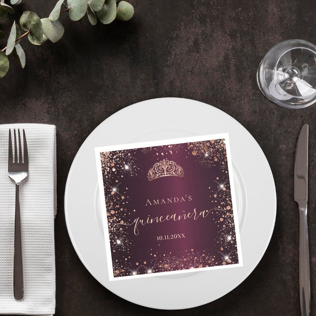 Quinceanera burgundy rose gold tiara name script napkin (Creator Uploaded)