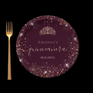 Quinceanera burgundy rose gold tiara name script paper plate