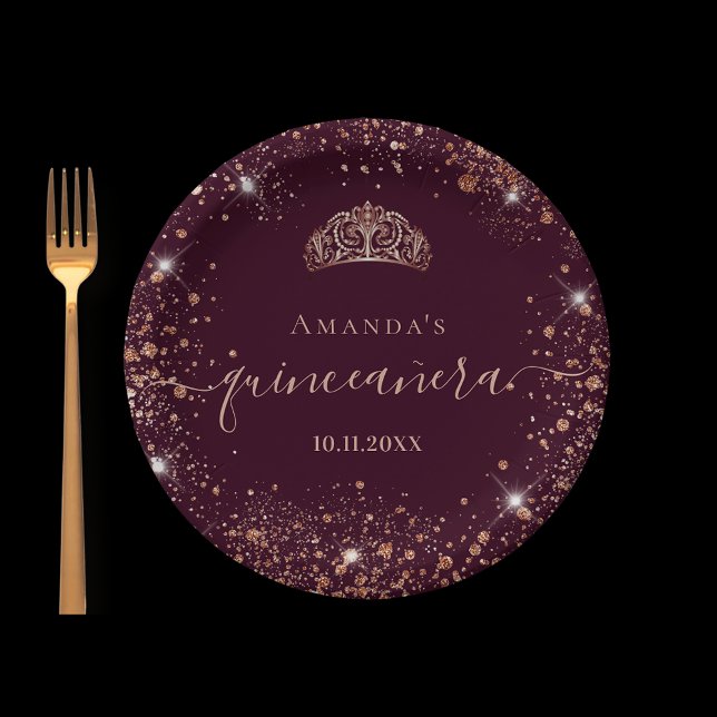 Quinceanera burgundy rose gold tiara name script paper plate (Creator Uploaded)
