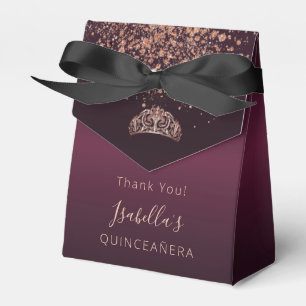 Quinceañera burgundy rose gold tiara thank you favour box